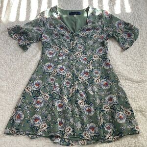 Francesca's Blue Rain Medium Green Floral mid-sleeve minidress with button front
